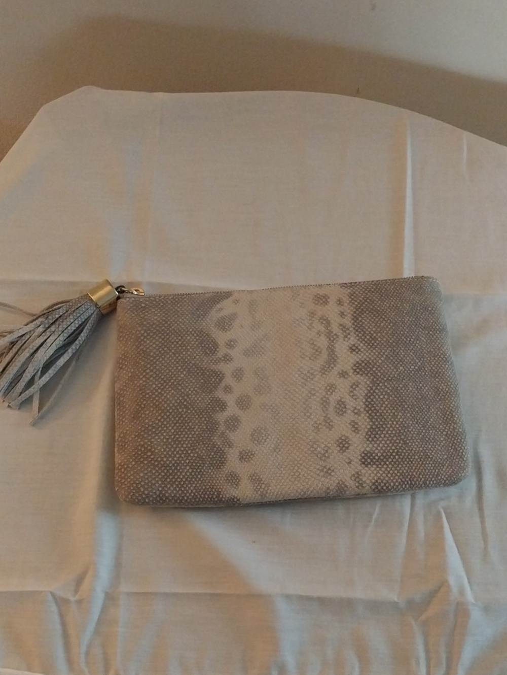 Gilli Neutral Snake-Print Tassel Wristlet Clutch in Beige and Gray